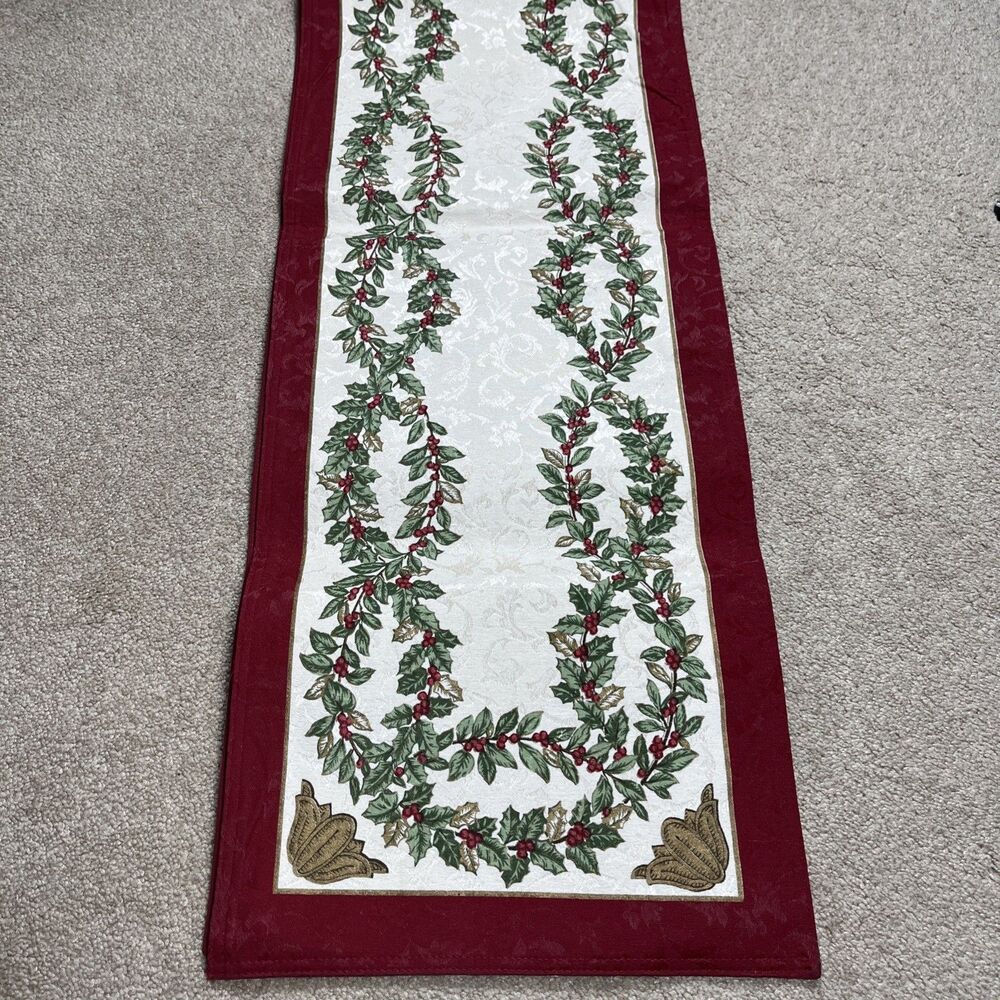 Lenox Holiday Nouveau Table Runner 90x14 Christmasβ Holly Damask *Read* No Tag